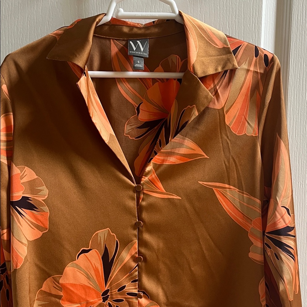 Worthington Brown and Orange Floral Satin Button-Front Blouse